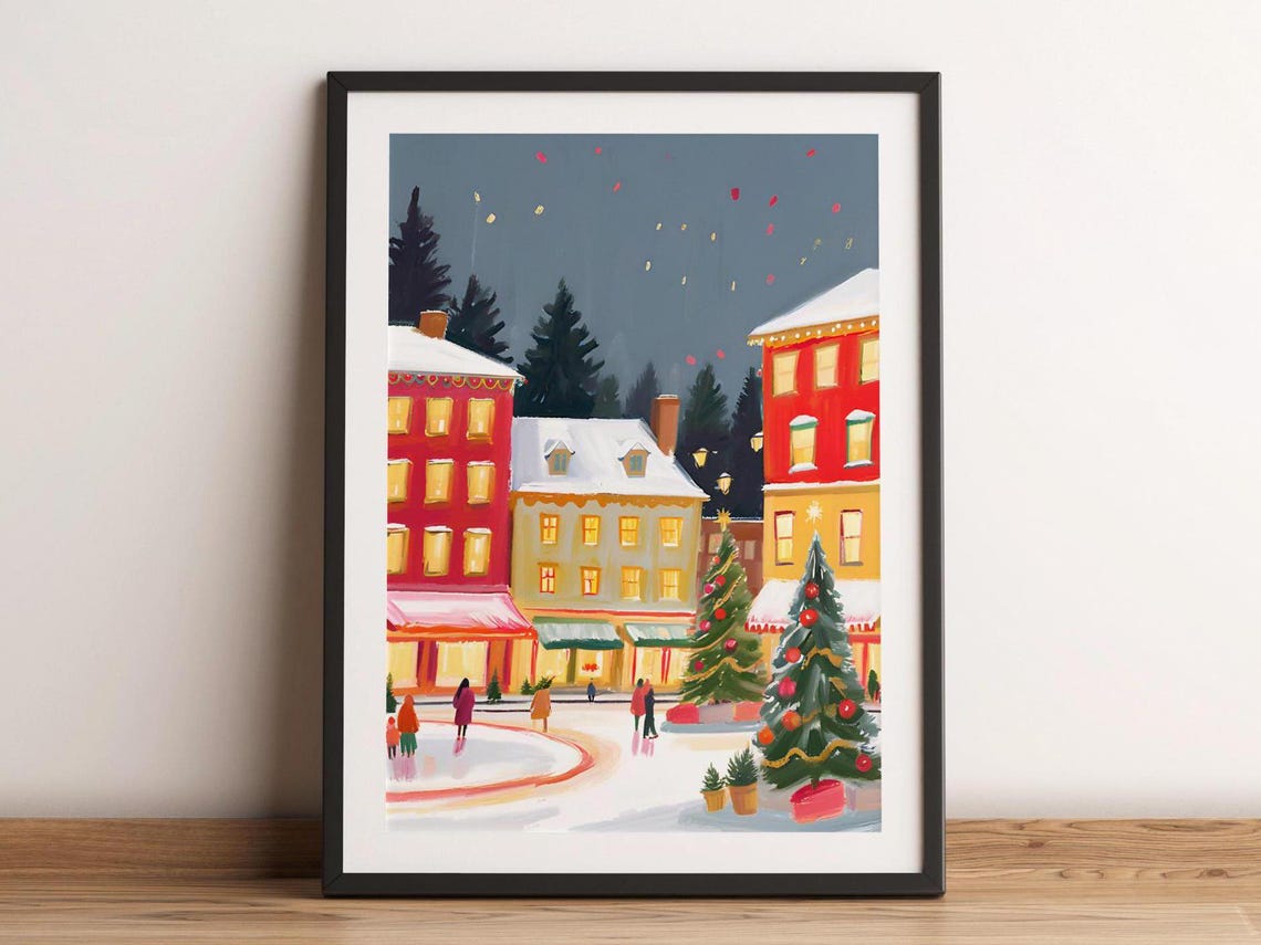 Christmas Town Square Snowy Night Skaters Holiday Village Art Poster