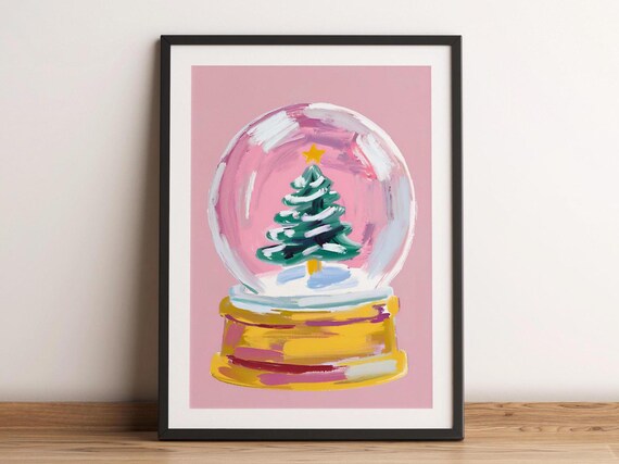 Pink Snow Globe Christmas Tree Star Top Gold Base Holiday Poster