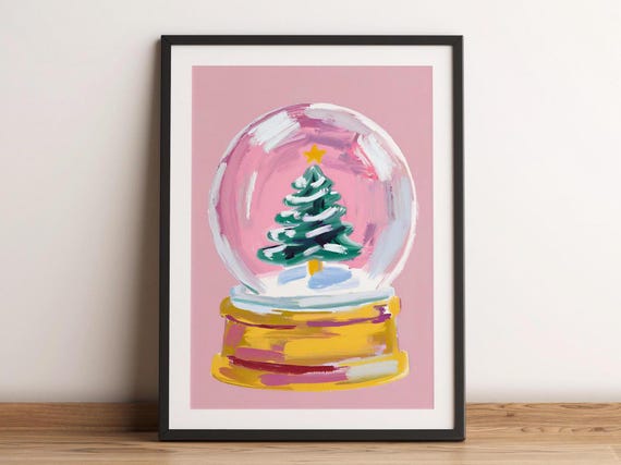 Snow Globe Christmas Tree Painting Vintage Farmhouse New Year Holiday Minimalist Rustic Decor Wall Art Print