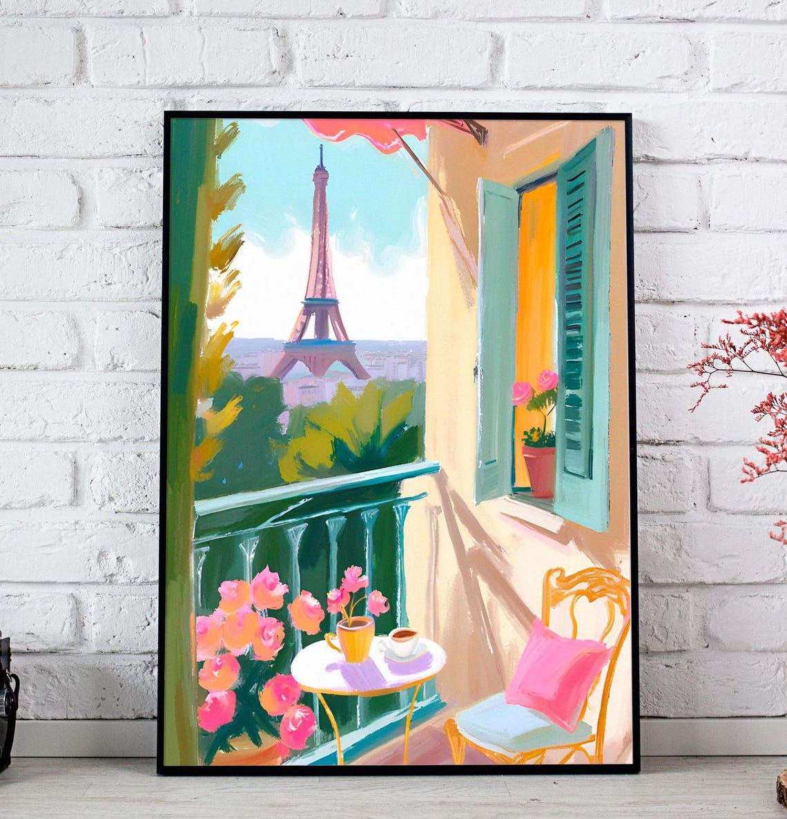 Eiffel Tower Paris Balcony View Watercolor Travel Art Poster