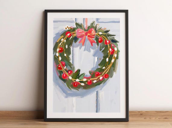 Christmas Wreath Vintage Farmhouse Decor New Year Paint Holiday Wall Art Print Minimalist Rustic