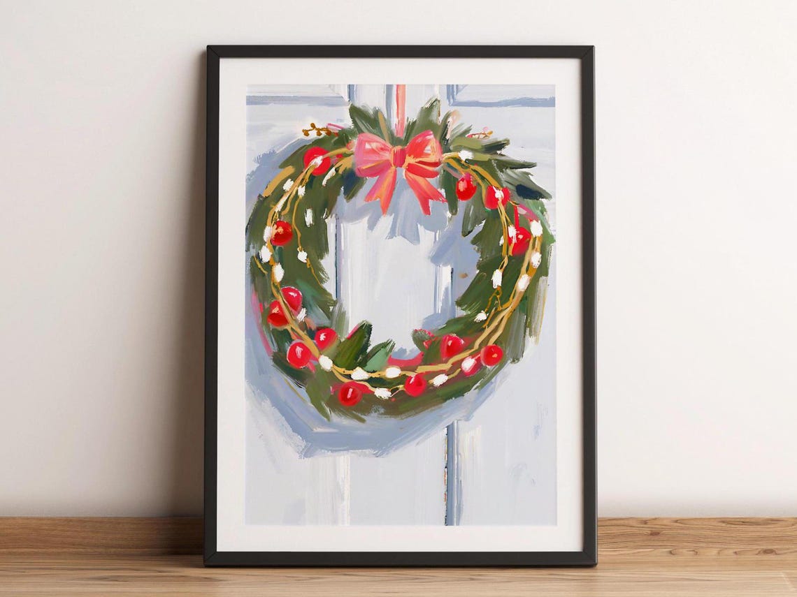 Christmas Wreath With Red Bow And Berries On White Door Poster
