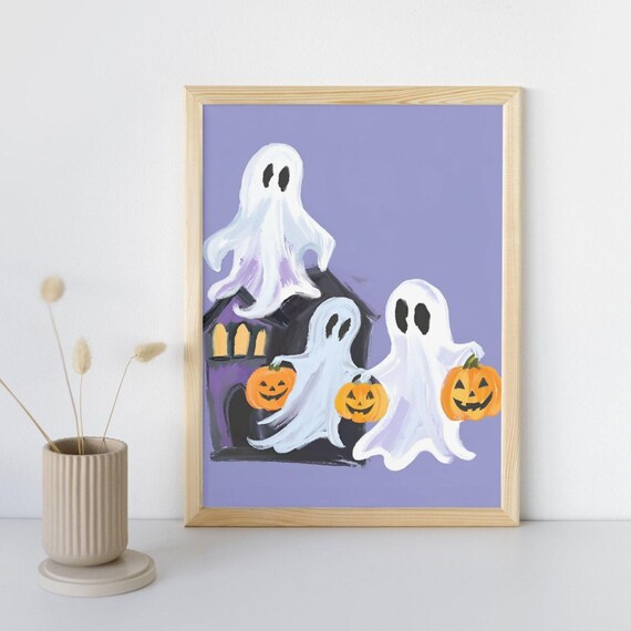 Halloween Pumpkin Wall Art Haunted House Painting Whimsical Spooky Cute Room Print Home Autumn Decor