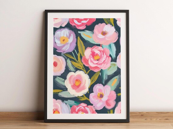 Soft Pink Flowers Floral Art Living Room Decor Purple Botanical Wall Print Pastel Watercolor Colorful