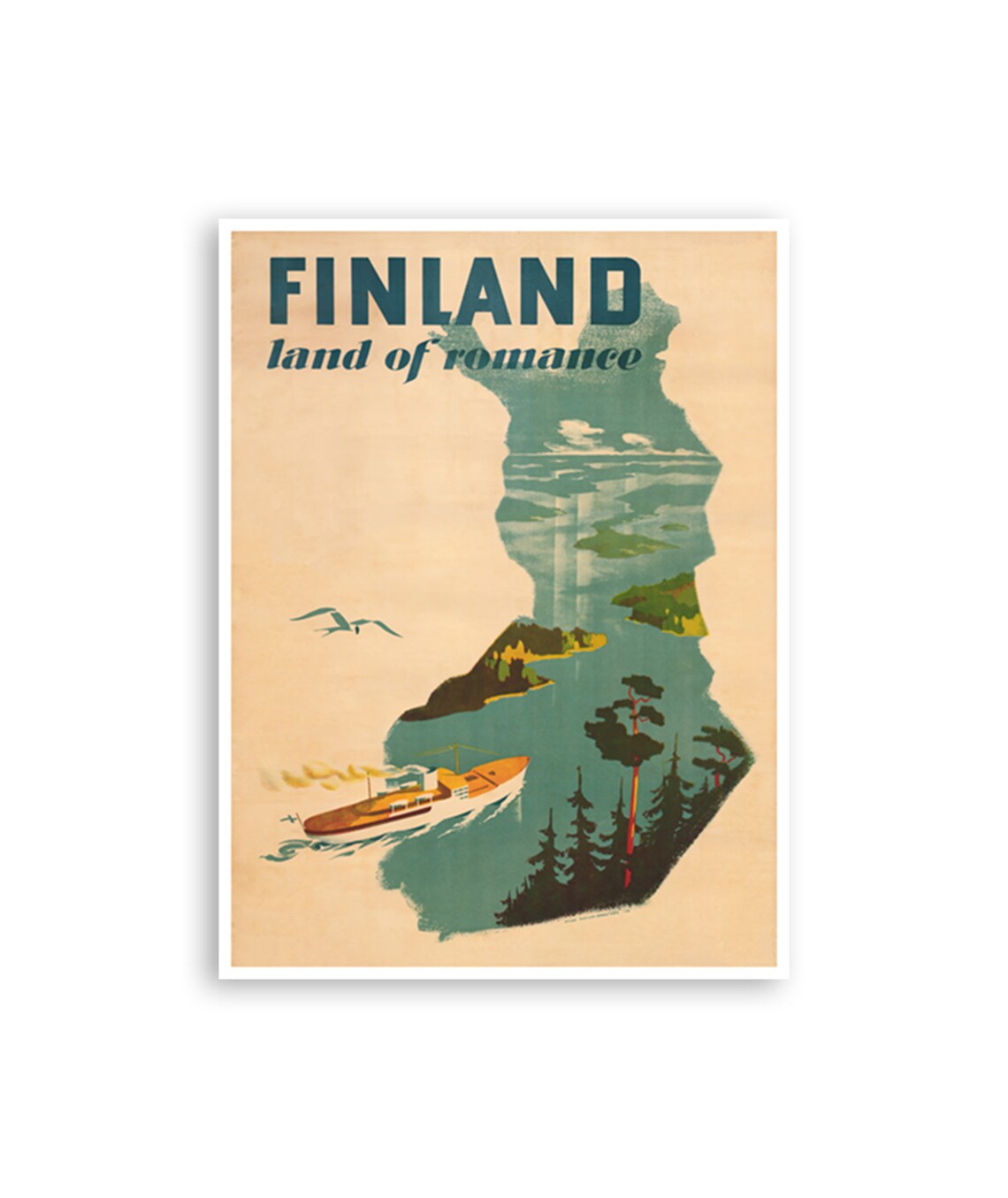 Finland Land of Romance Vintage Travel Poster Map With Lake Scene Art