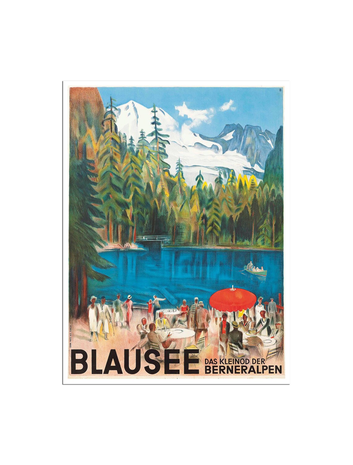 Blausee Bernese Alps Lakeside Cafe Vintage Swiss Travel Poster