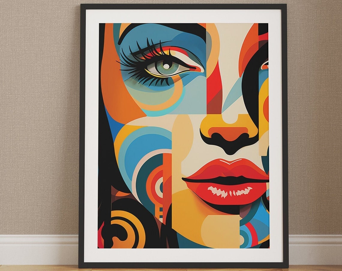 Bold Pop Art Cubist Woman Face with Red Lips and Blue Geometry Poster - Image 2