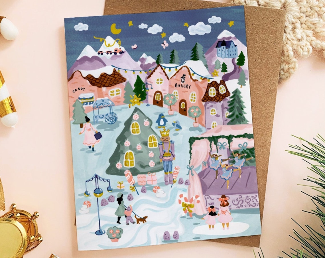 Christmas Fairy Village Snowy Night Nutcracker Holiday Card Print