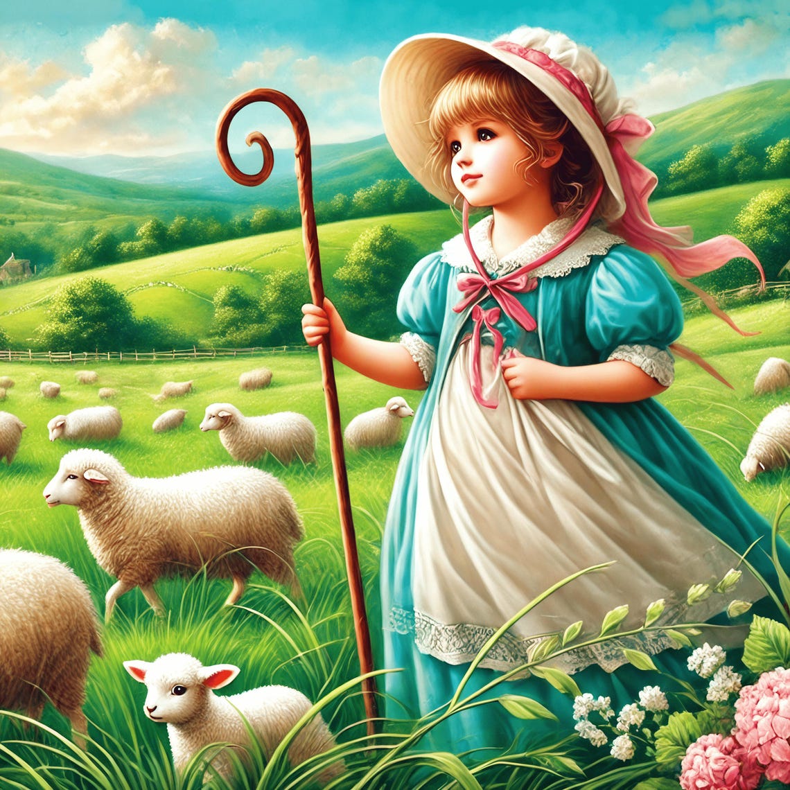 Little Bo Peep Shepherdess With Sheep Meadow Storybook Nursery Poster