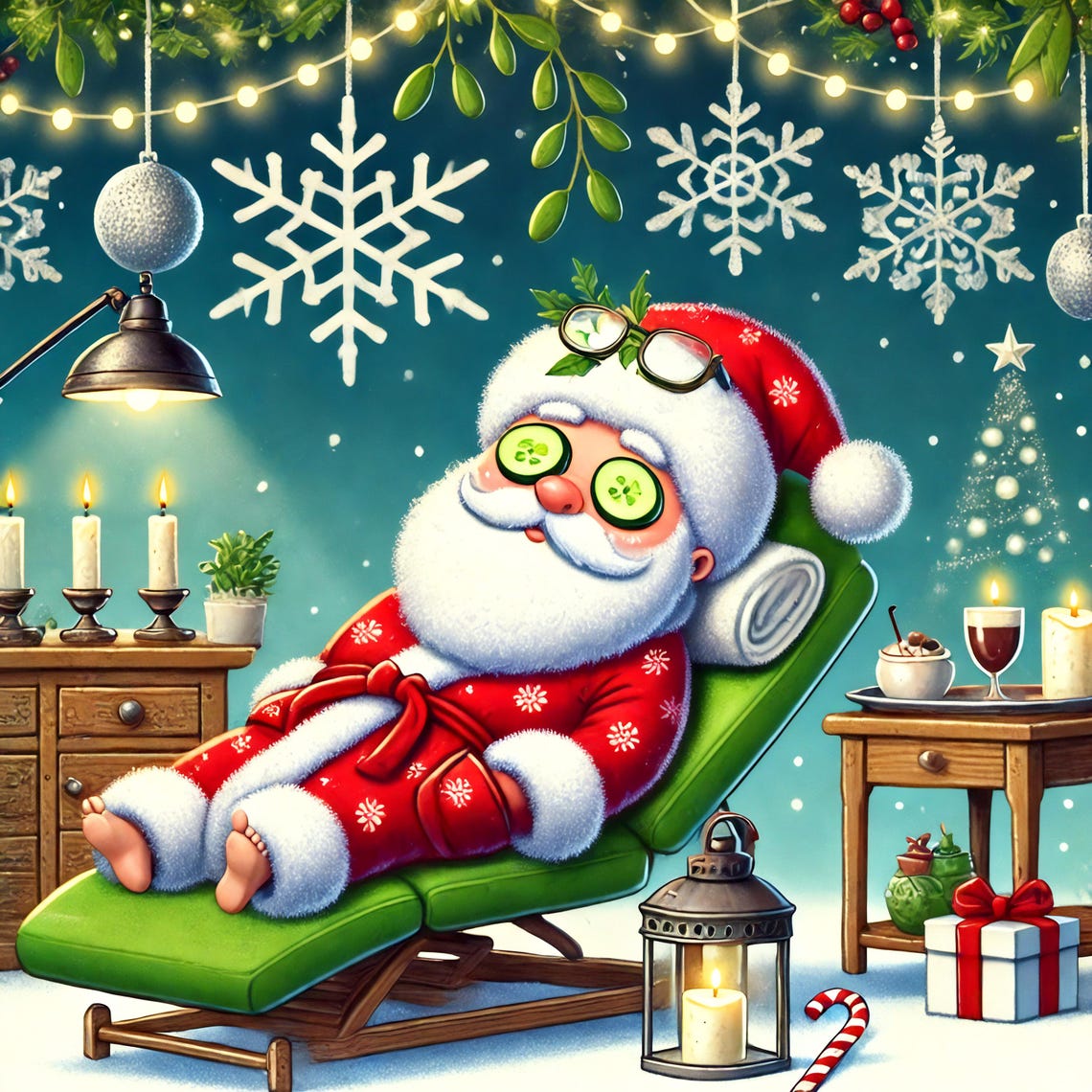 Funny Santa Spa Day Relaxing Holiday Cartoon Christmas Print