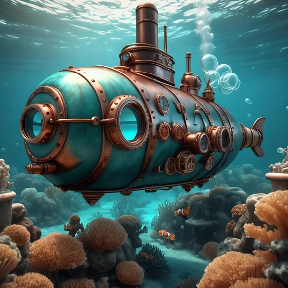 Underwater Steampunk Submarine Print Nautical Fantasy Wall Art Turquoise And Bronze Sci Fi Artwork Steampunk Gift Lover Idea