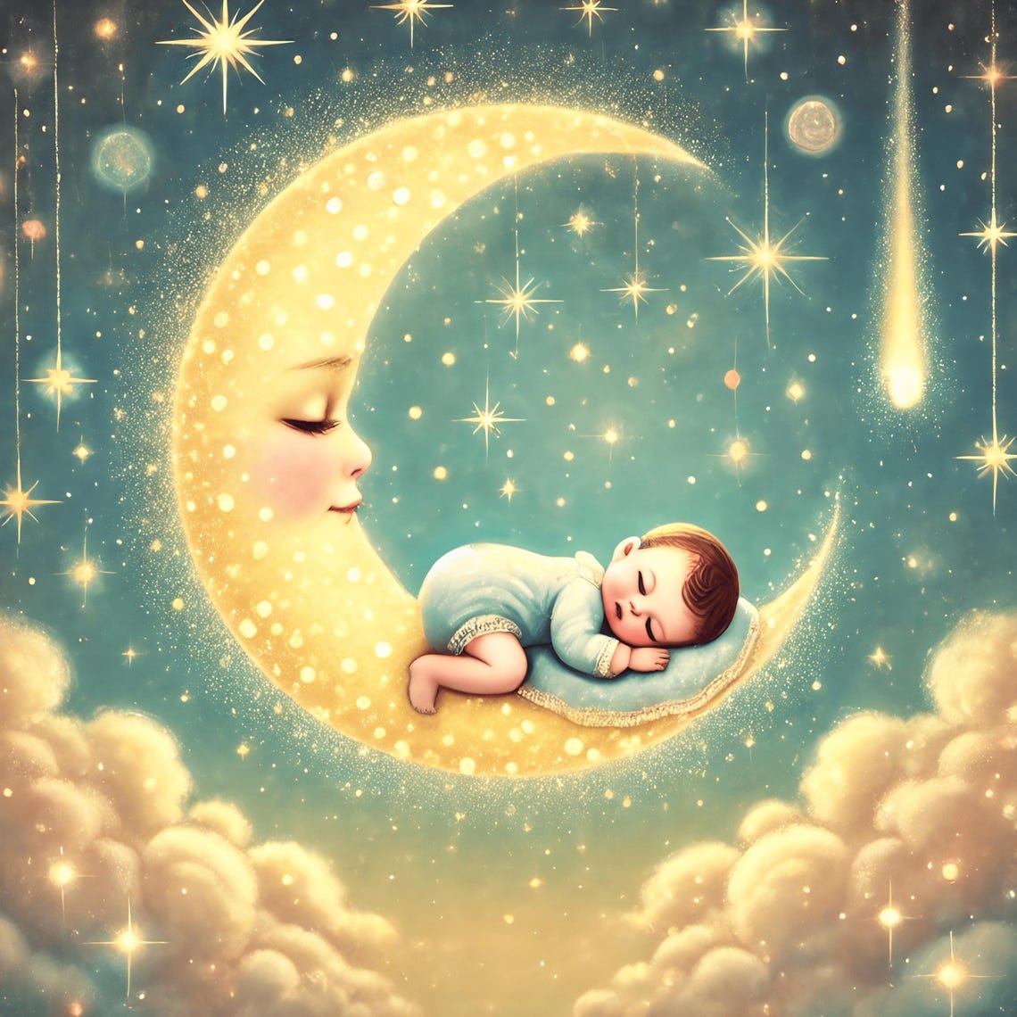 Twinkle Twinkle Little Star Sleeping Baby Golden Moon Art Poster