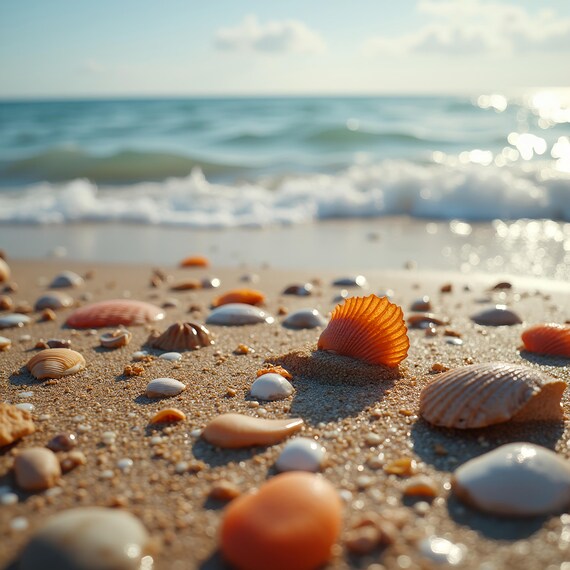 Ultra Realistic Sandy Beach Art With Seashells Glistening Waves Coastal Decor Serene Ocean Wall Print High Detail Art