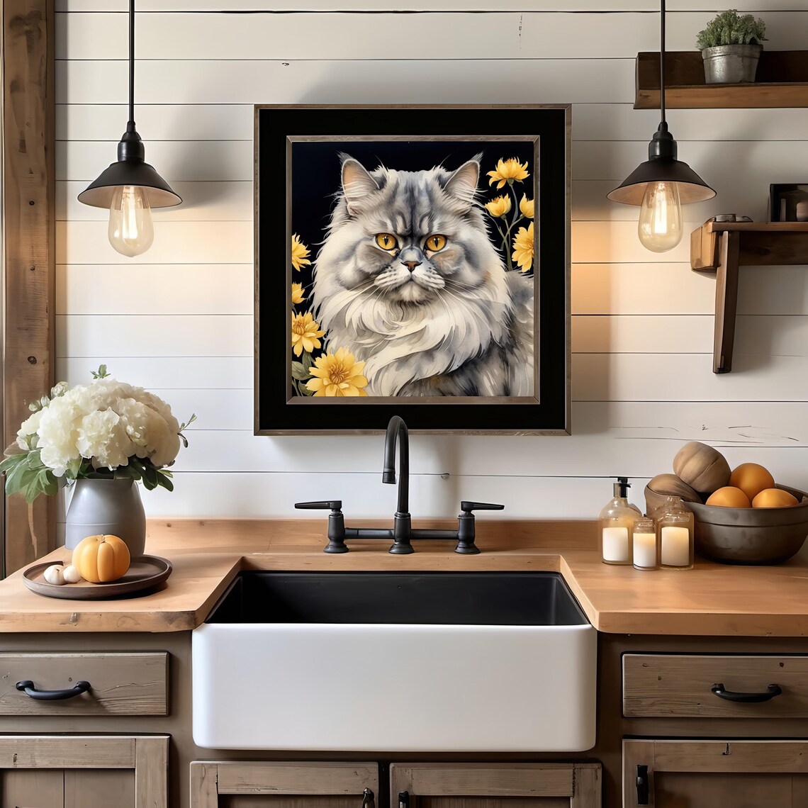 Elegant Gray Longhair Cat Golden Eyes Floral Bloom Art Print - Image 2