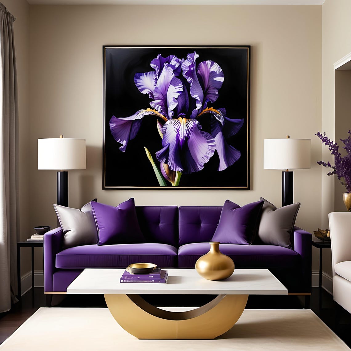 Purple Iris Flower Close Up Black Background Botanical Art Poster - Image 3