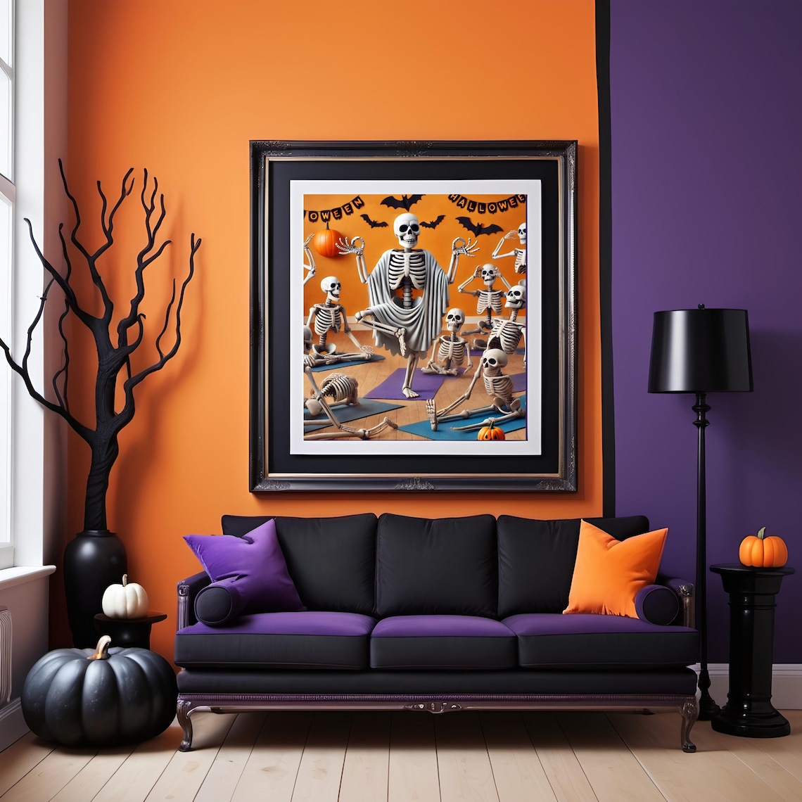 Funny Skeletons Doing Yoga Class With Halloween Banners And Bats Poster - Image 2