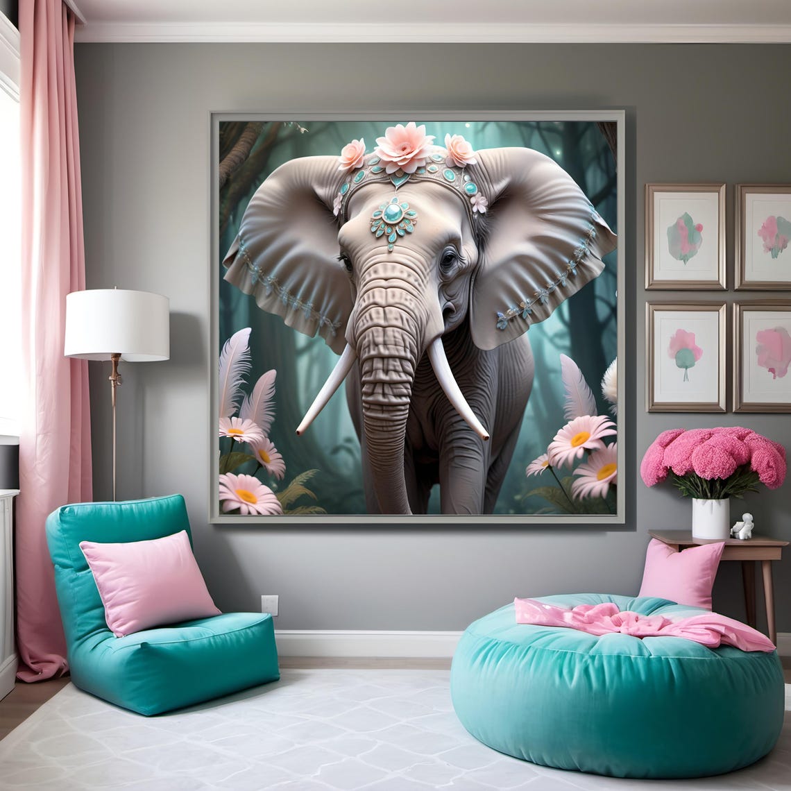 Mystical Elephant Floral Jeweled Crown Fantasy Forest Art Print - Image 2