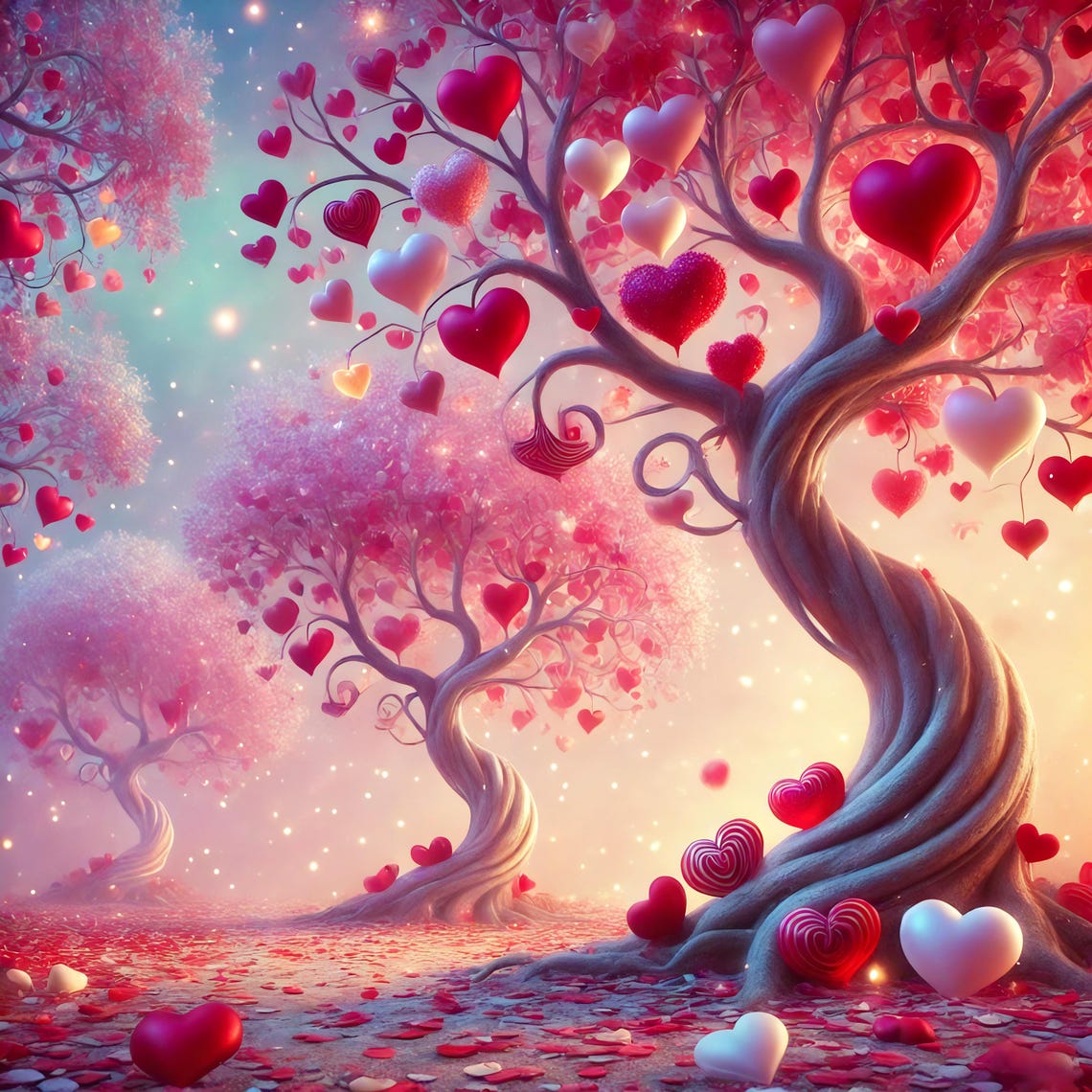 Whimsical Valentine Heart Trees in Magical Pink Forest Wall Art