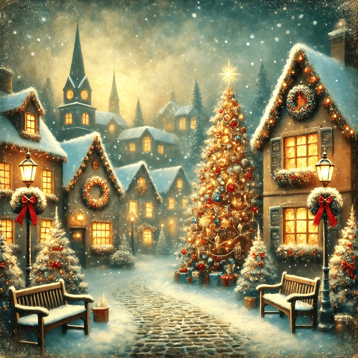 Snowy Christmas Village Night Church Spires Lit Tree Vintage Wall Art