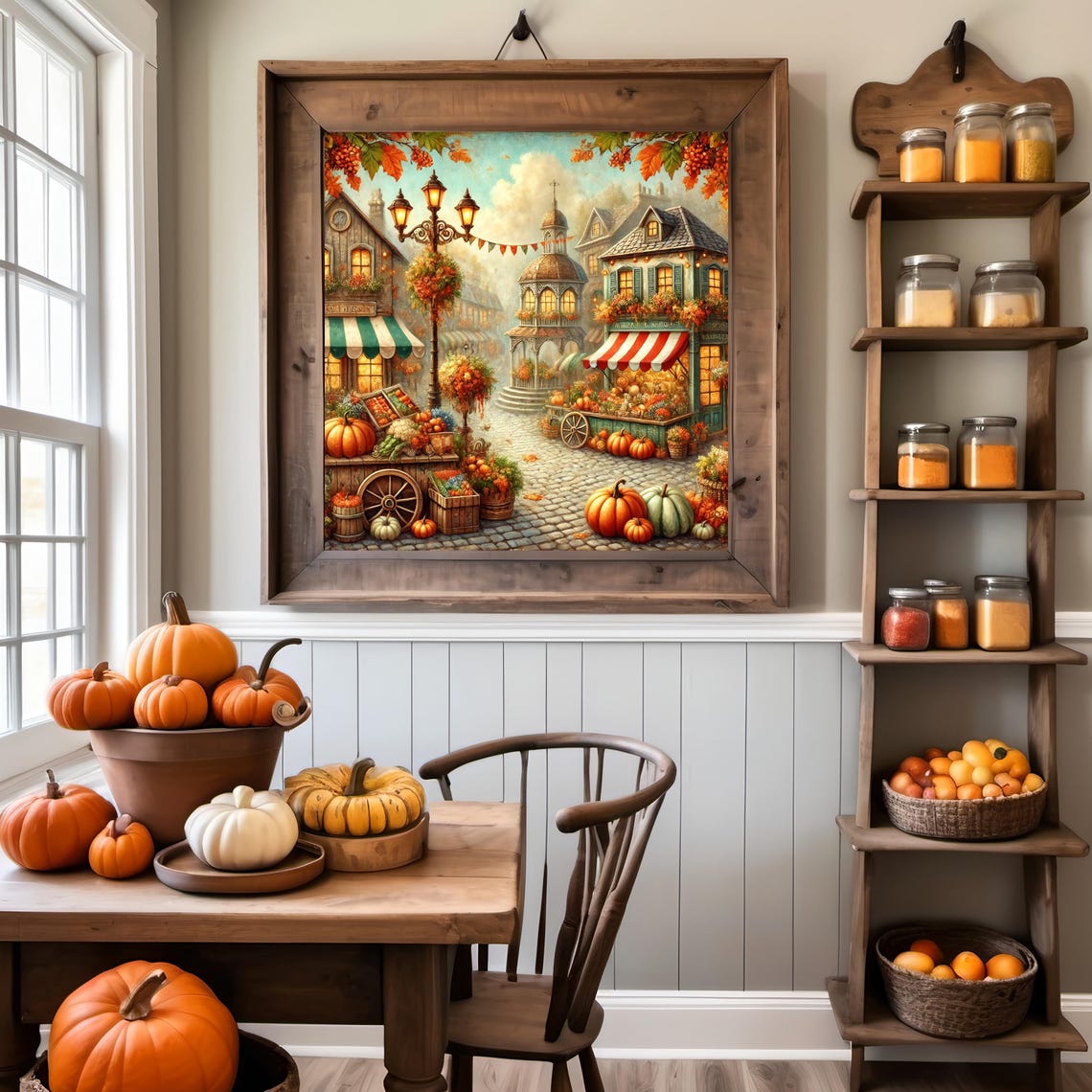 Charming Autumn Village Market Pumpkins Cobblestone Cozy Fall Poster - Image 3