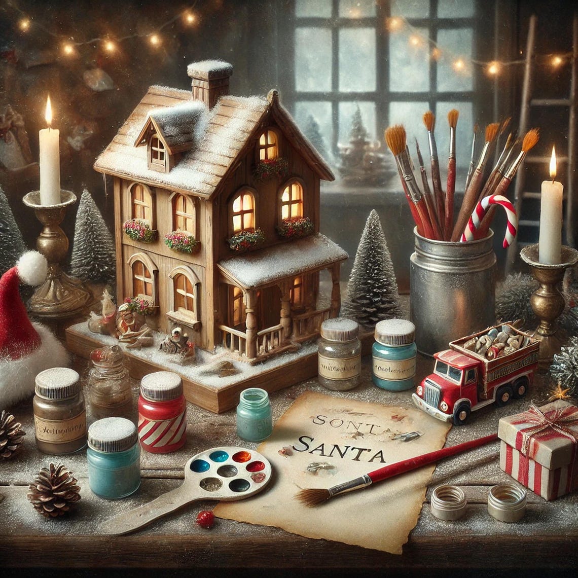 Santas Workshop Miniature Snowy Cottage Paint Still Life Print