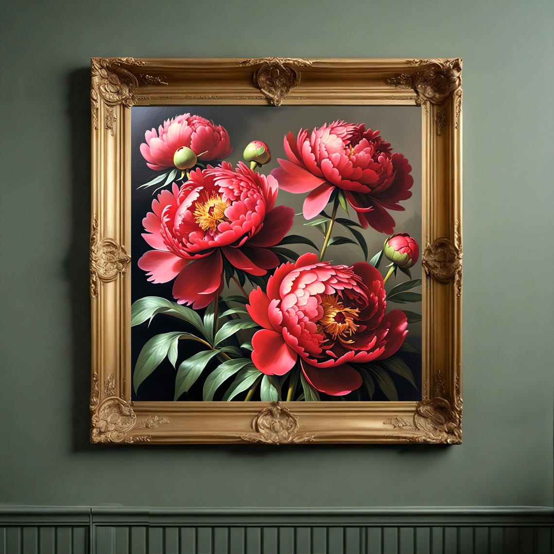 Coral Red Peonies Full Bloom Buds Green Leaves Botanical Poster - Image 3