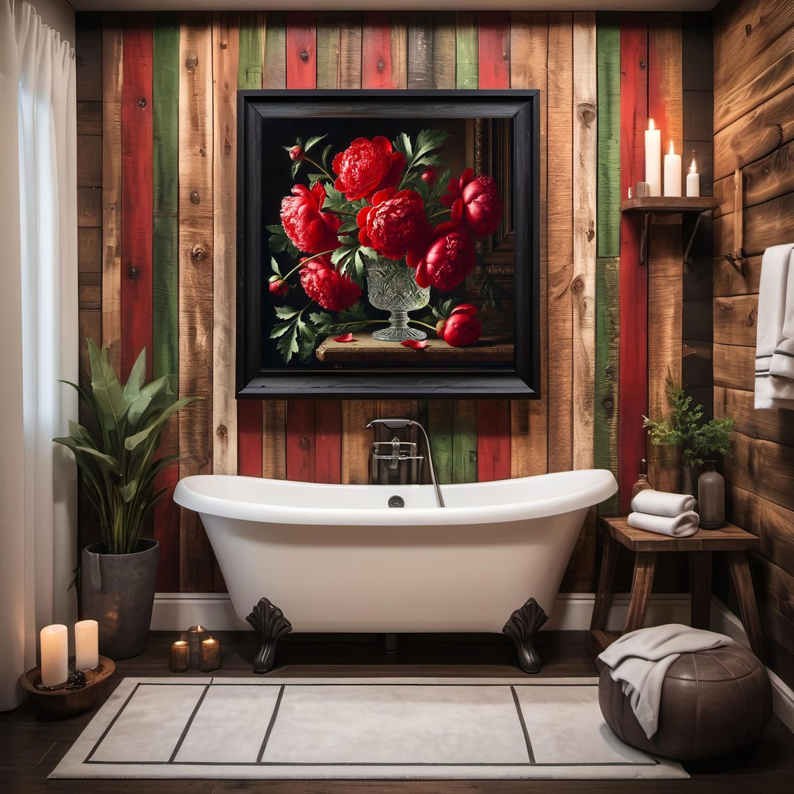 Vibrant Red Peonies in Crystal Vase Dark Floral Still Life Poster - Image 2