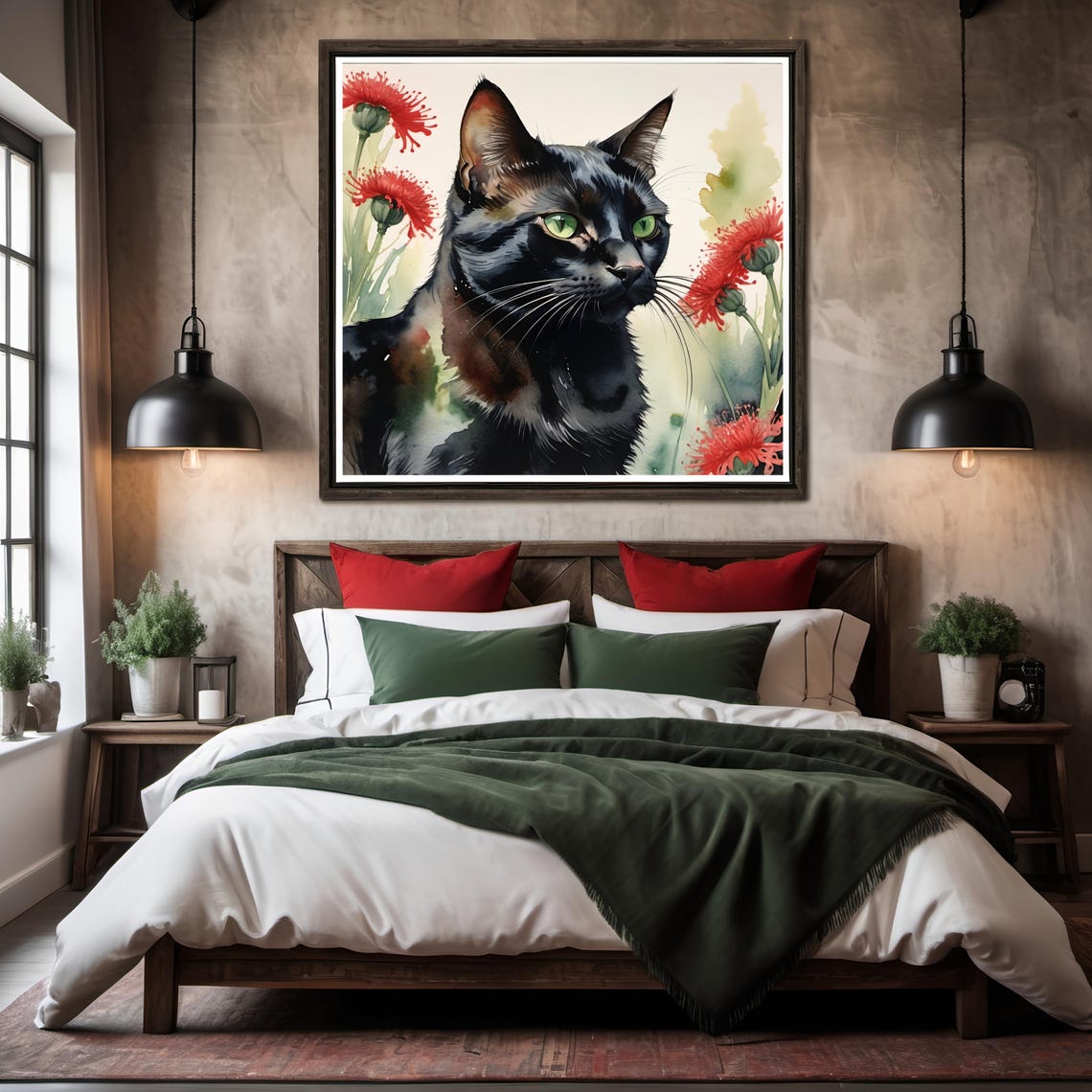 Black Cat Green Eyes Watercolor Portrait with Red Blooms Print - Image 2