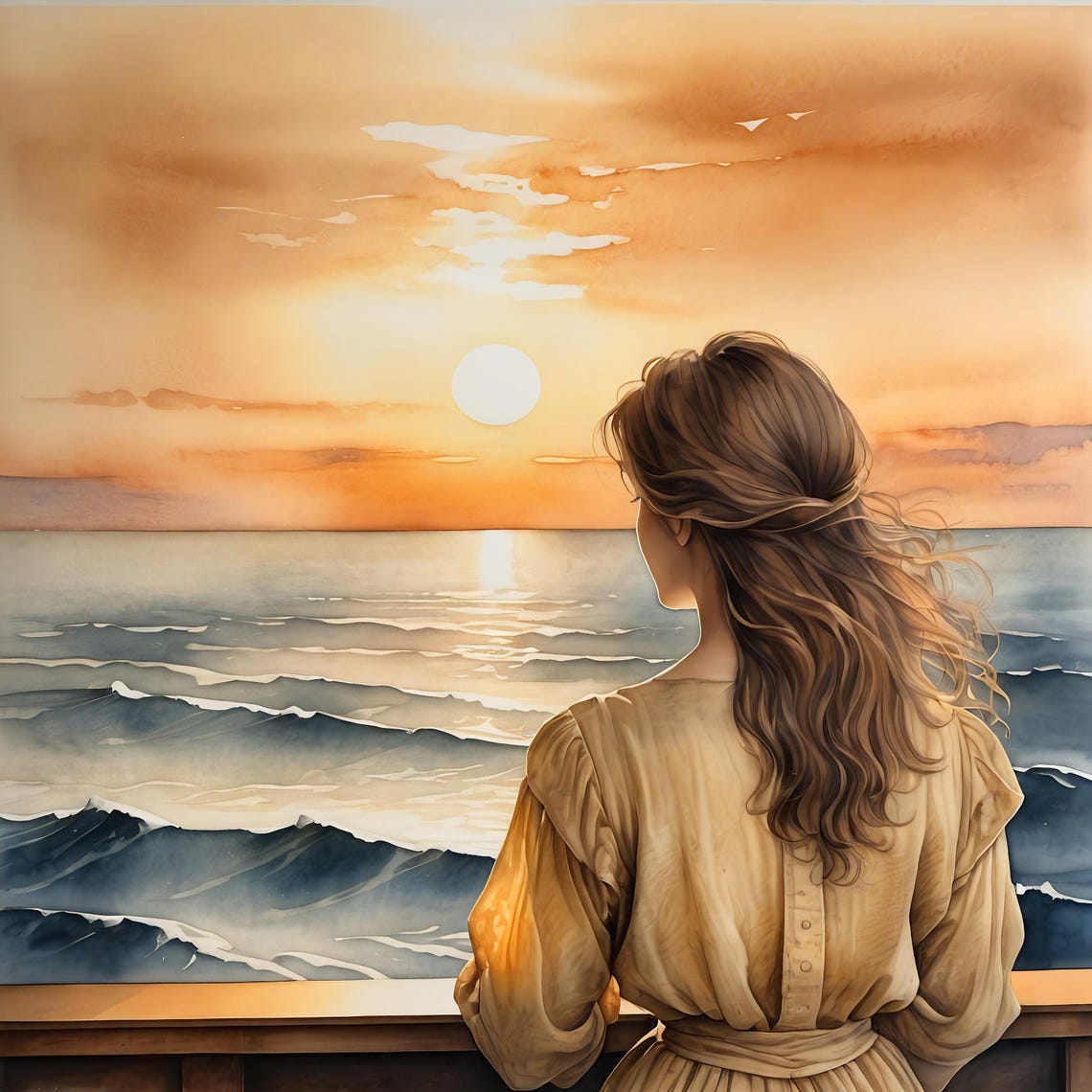 Watercolor Woman Watching Golden Ocean Sunset From Behind Art Print