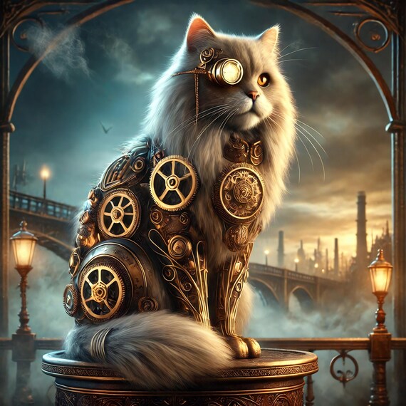 Steampunk Cat Brass Goggles Gear Armor Victorian Bridge Portrait Wall Art