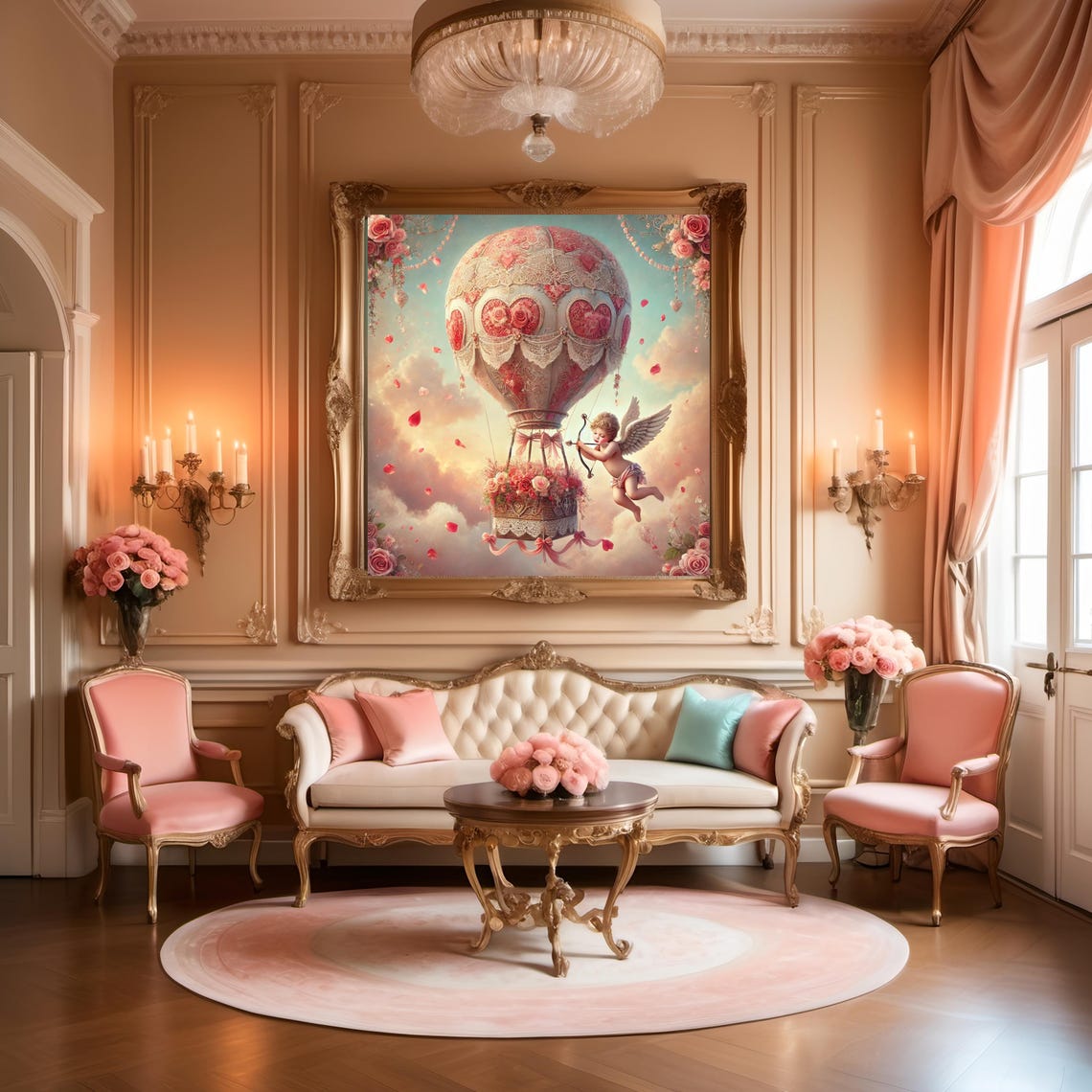 Cupid with Rose Covered Heart Hot Air Balloon Valentine Wall Art - Image 3