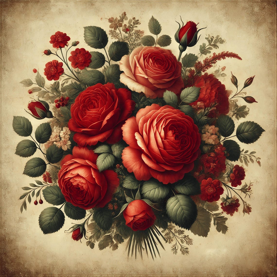 Bold Red And Coral Rose Bouquet Antique Botanical Vintage Poster