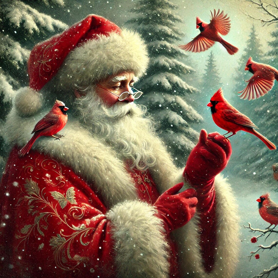 Santa Claus Surrounded by Red Cardinals Snowy Forest Art Print