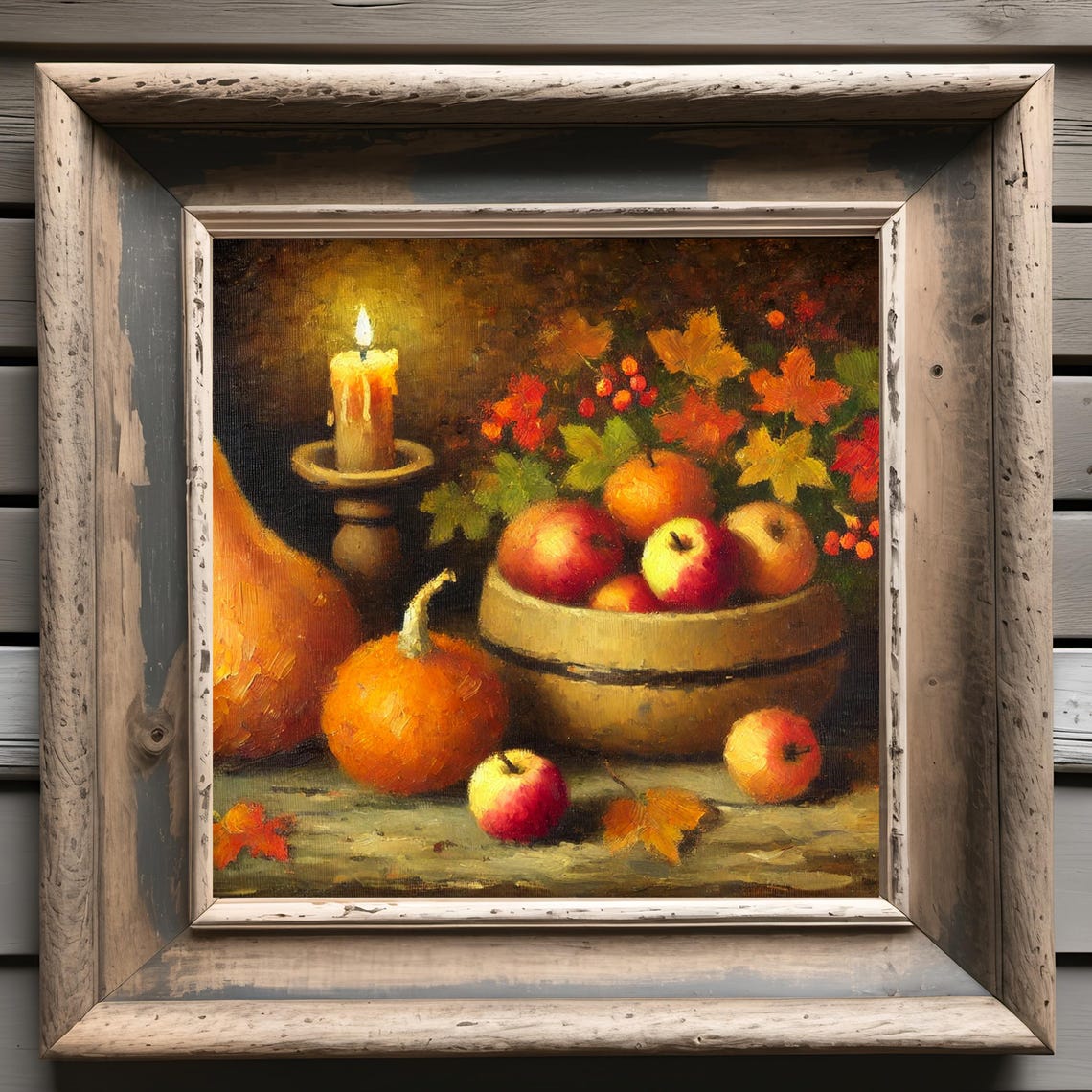 Cozy Autumn Still Life Apples Pumpkins Candle Glow Harvest Oil Poster - Image 3