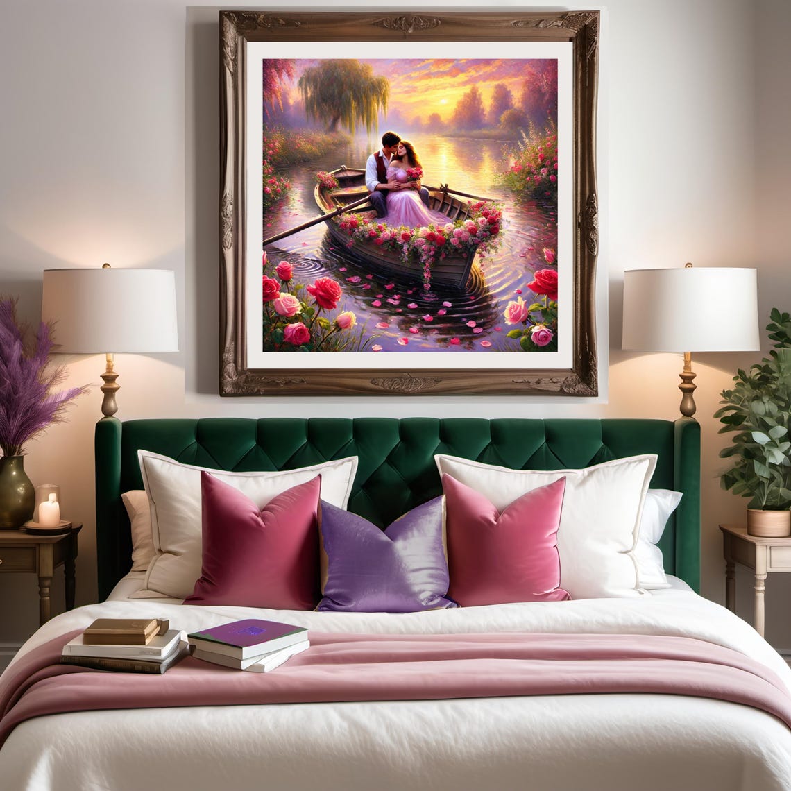 Romantic Couple in Flower Filled Rowboat at Sunset Lake Wall Art - Image 3