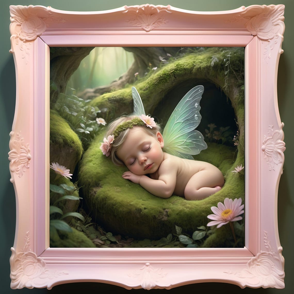 Sleeping Baby Fairy on Moss Ethereal Forest Nursery Art Print - Image 3