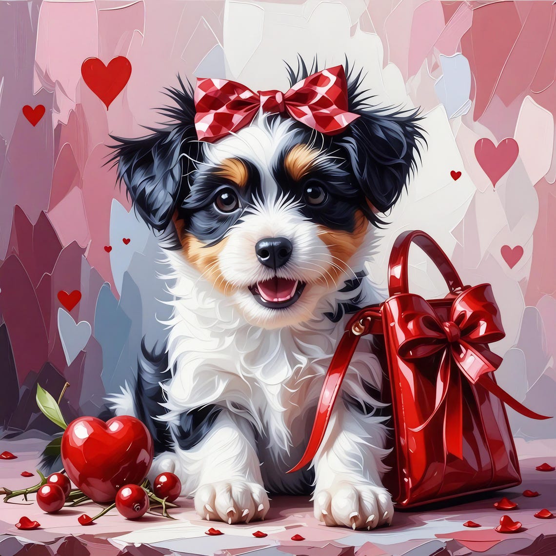 Cute Puppy With Red Gift Bag Hearts Adorable Valentines Day Print