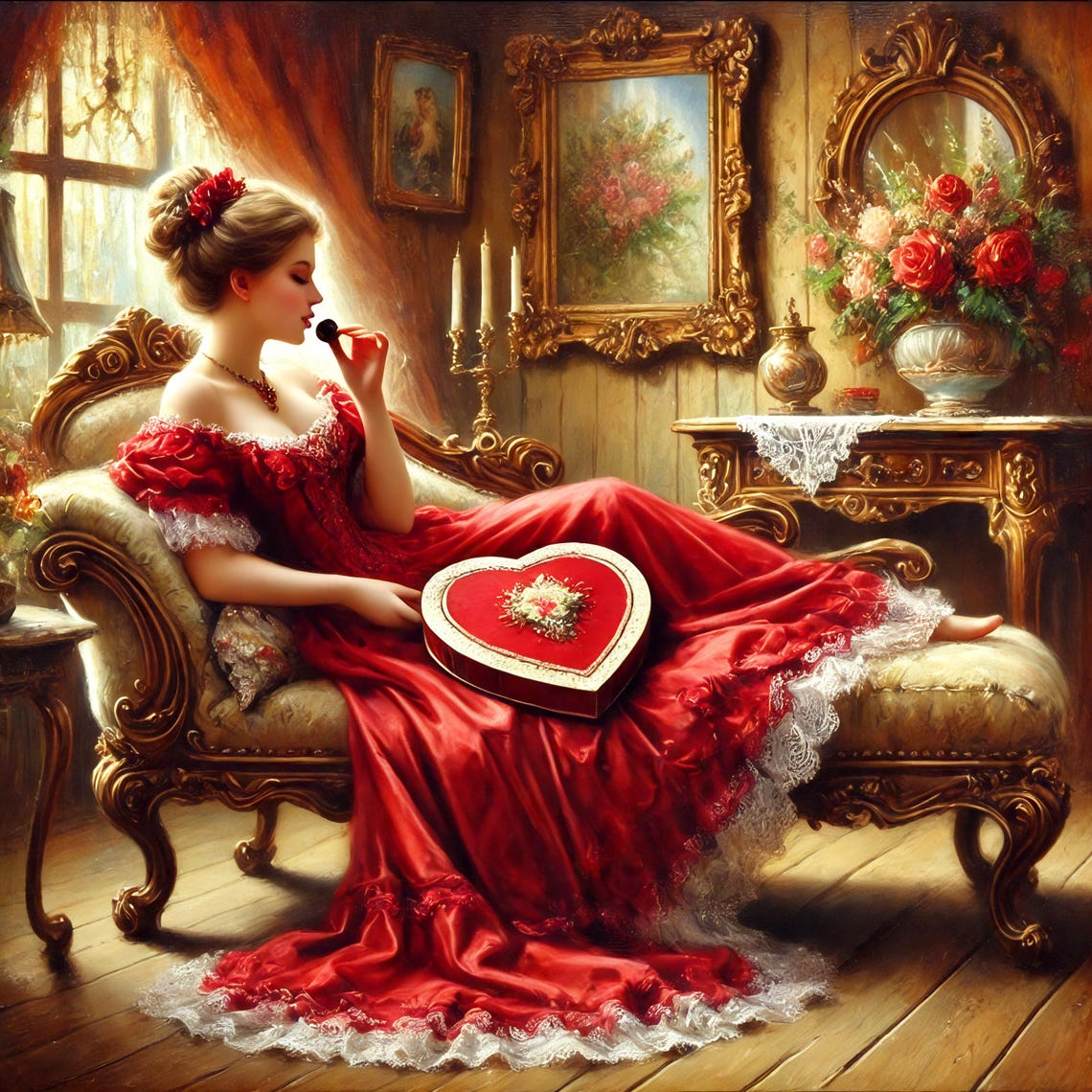Victorian Woman in Red Gown with Chocolate Box Elegant Wall Art