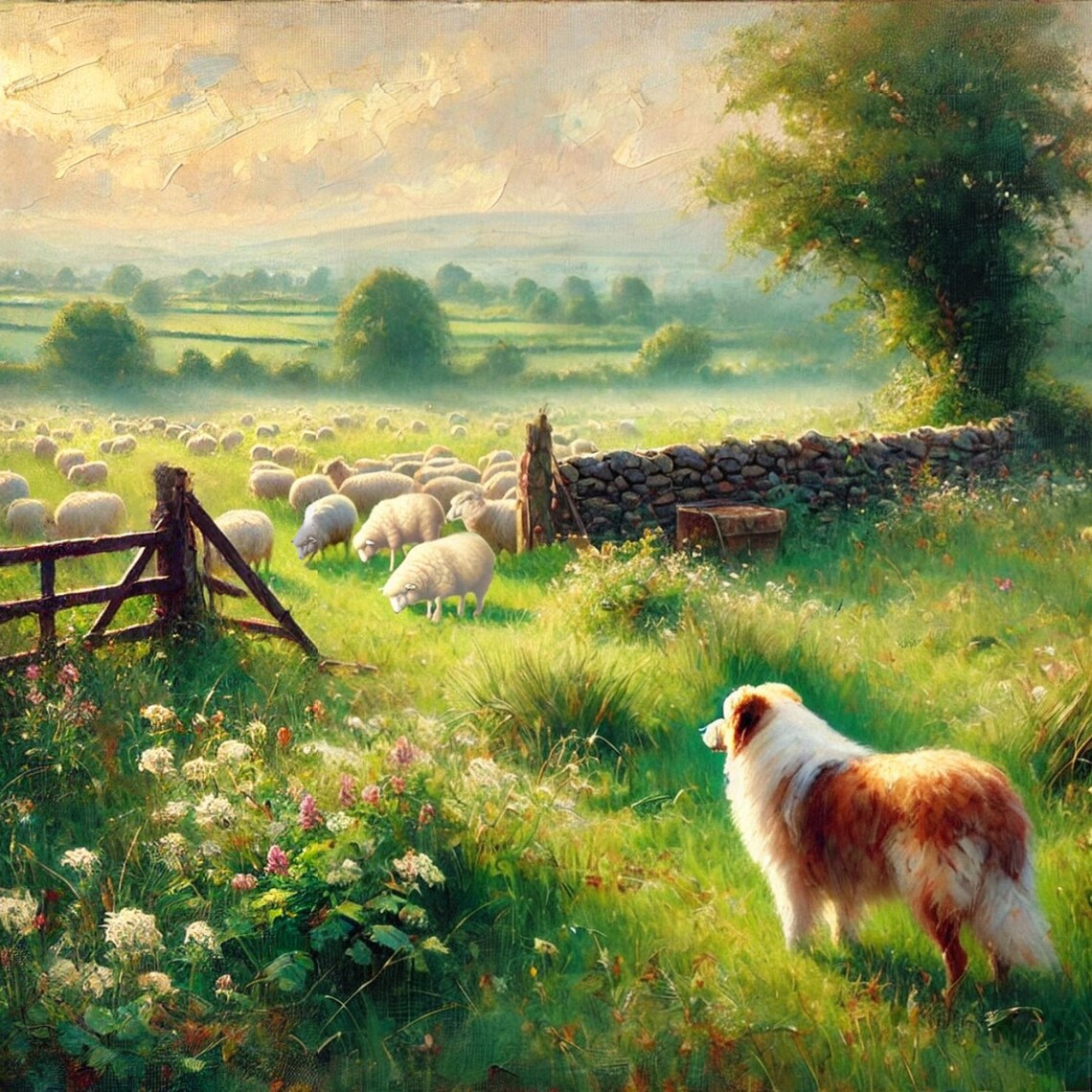 Vintage Farm Landscape With Sheepdog Art Print