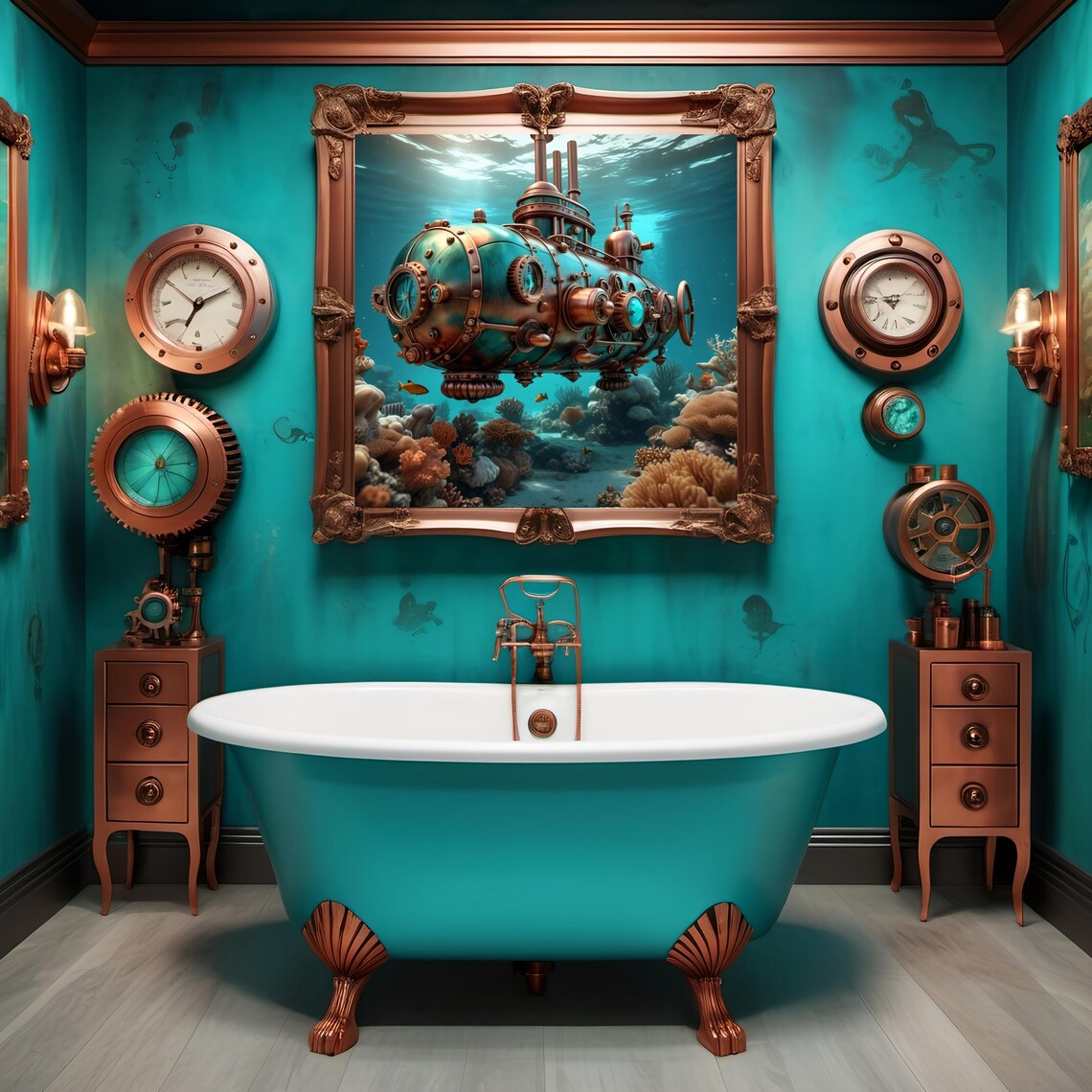 Underwater Steampunk Submarine Print Nautical Fantasy Wall Art Turquoise And Bronze Sci Fi Artwork Steampunk Gift Lover Idea - Image 2