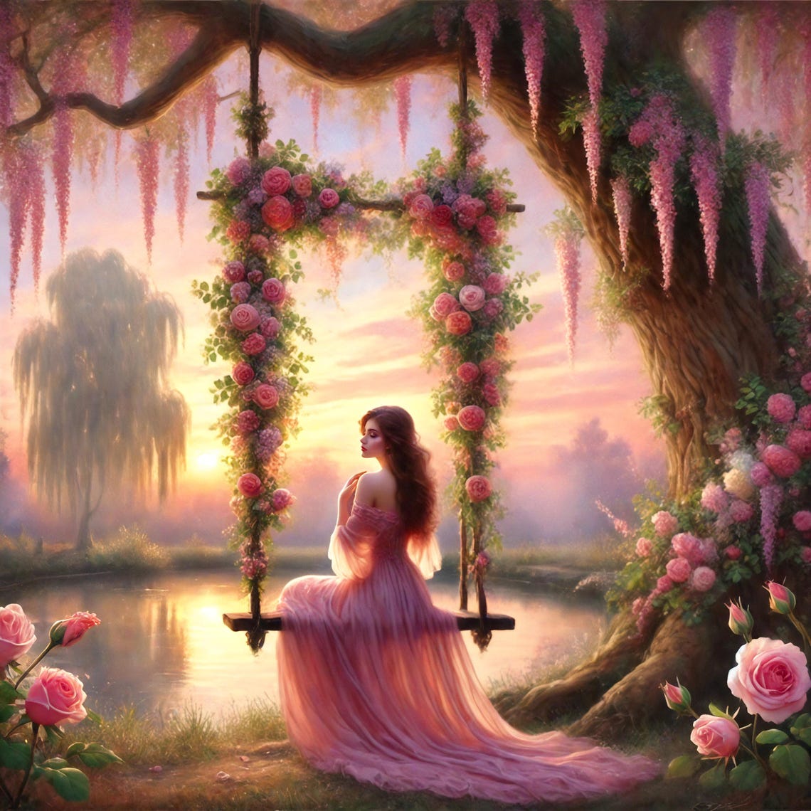 Woman in Pink Gown on Rose Covered Swing at Sunset Garden Print