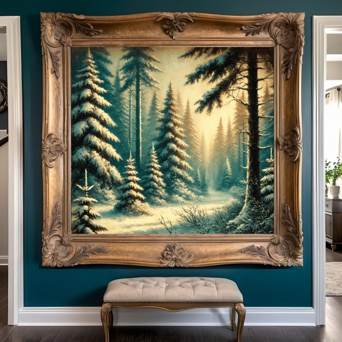 Snowy Evergreen Forest Golden Winter Light Vintage Landscape Wall Art - Image 2