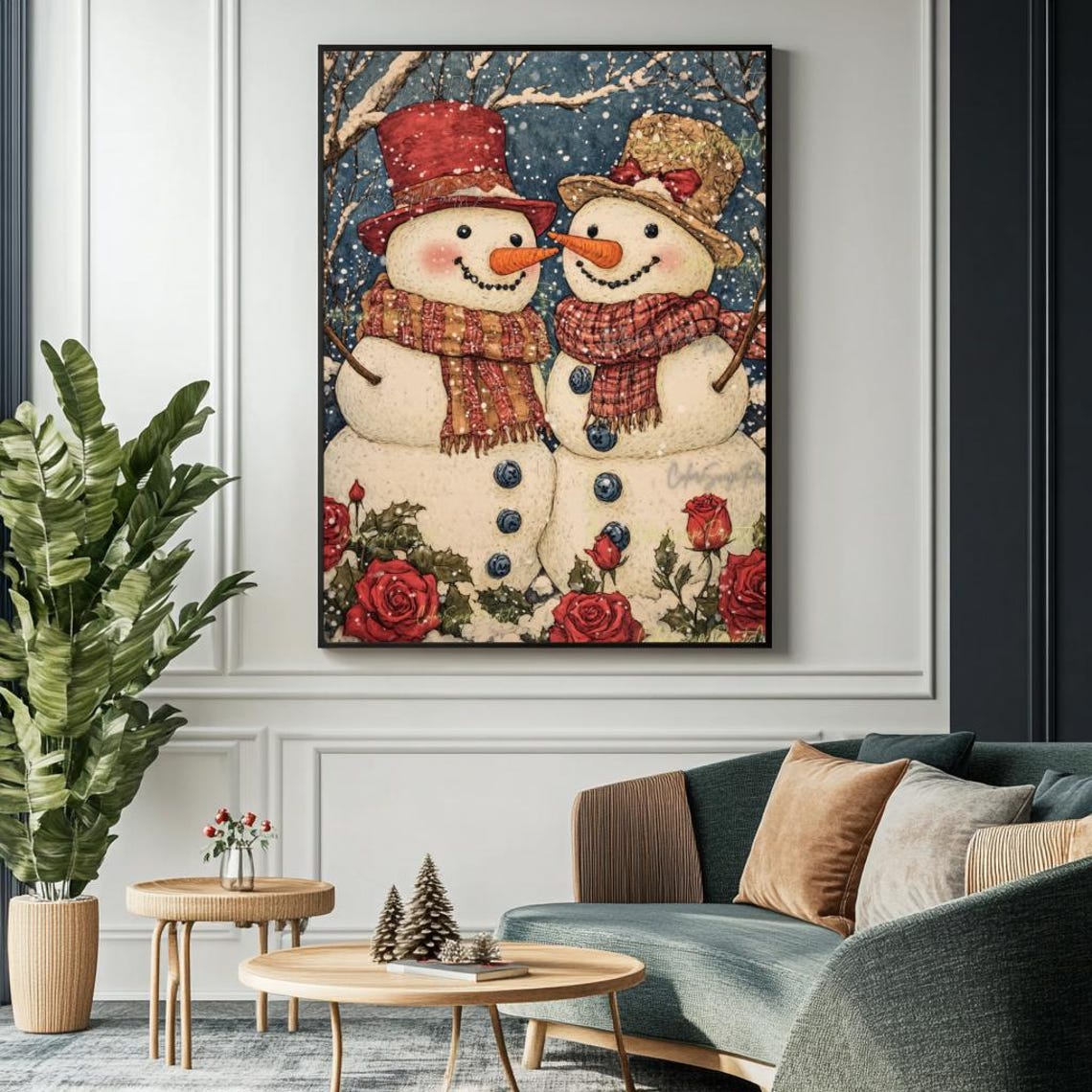 Cute Snowman Painting Christmas Wall Art Snowman Couple Print Pink Snowman Family Winter Print Snowman Lover Gift Nursery Holiday Wall Decor - Image 3
