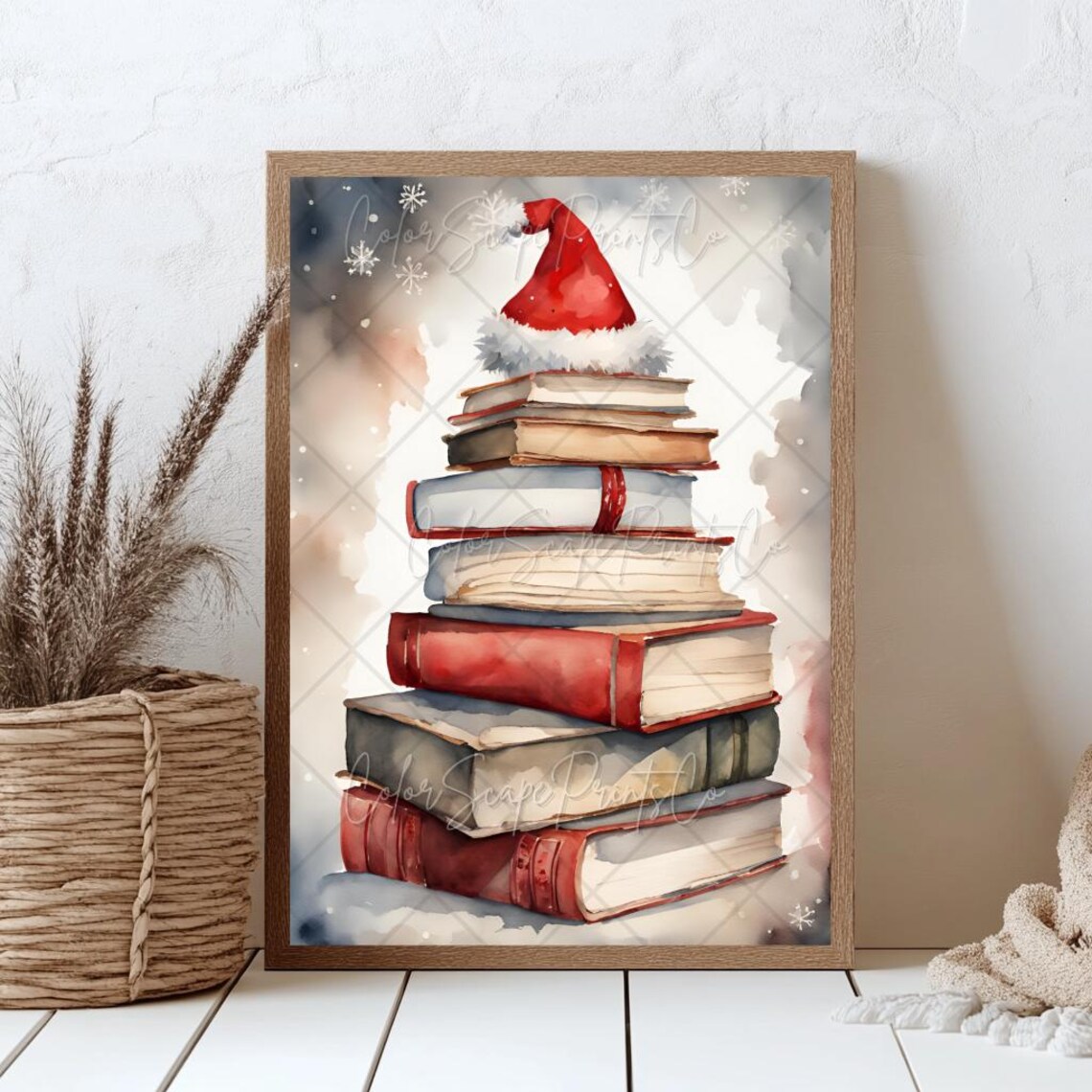 Stack of Books Topped with Santa Hat Watercolor Christmas Poster - Image 2