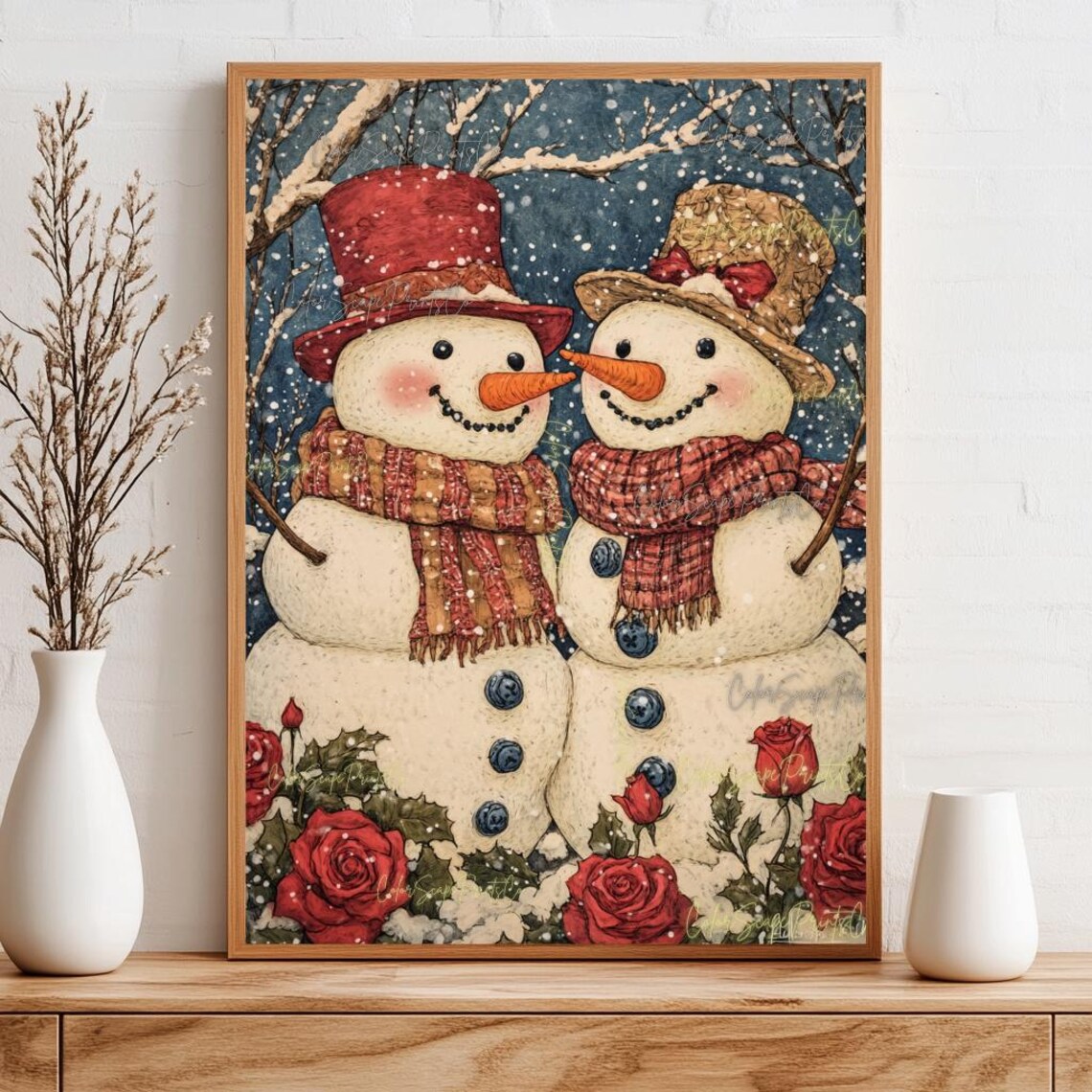 Vintage Snowman Couple Red Roses Snowy Winter Holiday Art Poster - Image 4