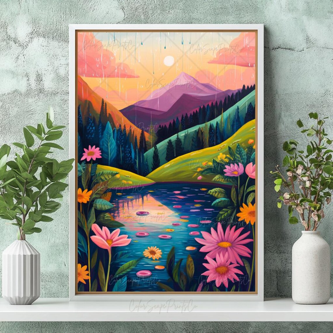 Rainy Mountain Lake Sunset with Wildflowers Colorful Landscape Poster - Image 3