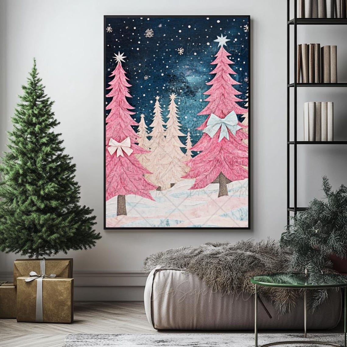 Pink Christmas Trees with Bows Under Starry Night Sky Festive Poster - Image 3