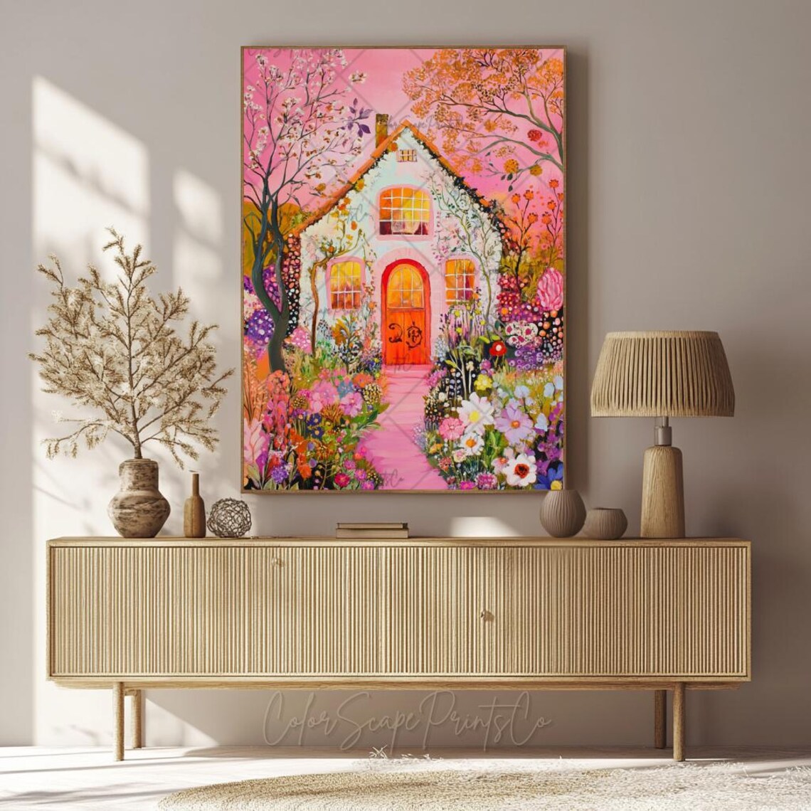 Pink Flower Cottage in Blooming Garden Romantic Floral Poster - Image 3