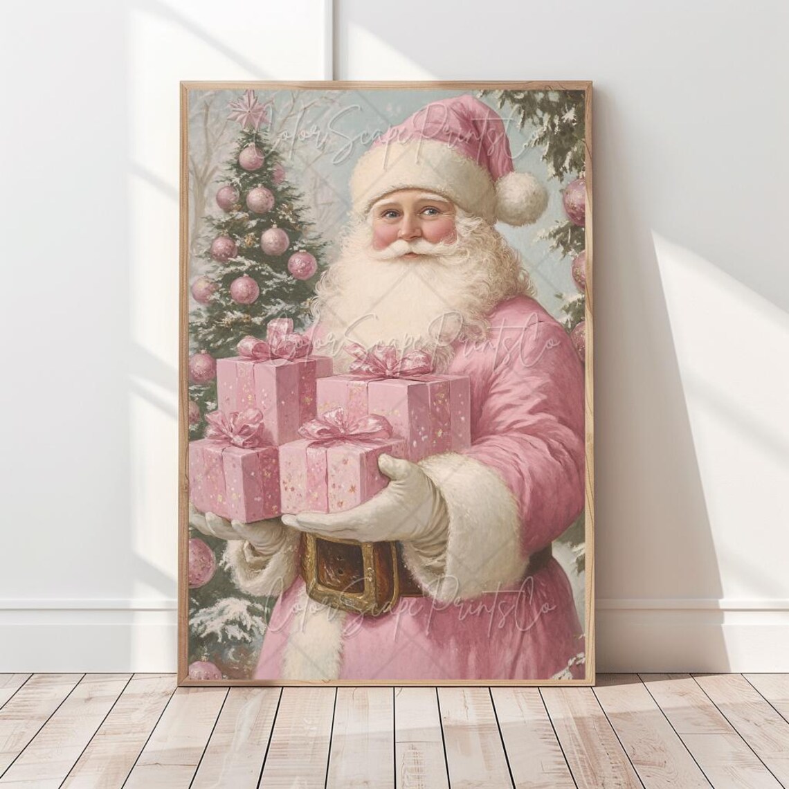 Vintage Pink Santa Claus Poster Christmas Gifts Festive Tree Decor