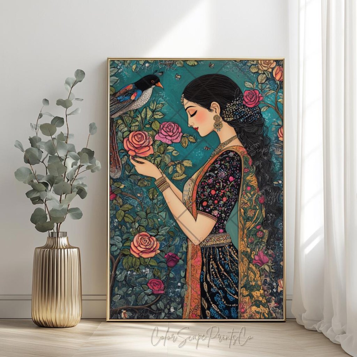 Traditional Indian Woman In Garden Art Print - Image 3